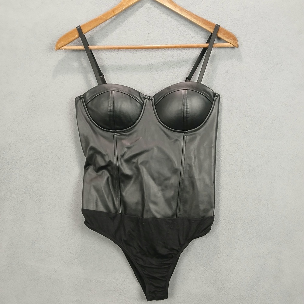 Say What Faux Leather Bustier Bodysuit Womens‎ Medium Black Adjustable Strap